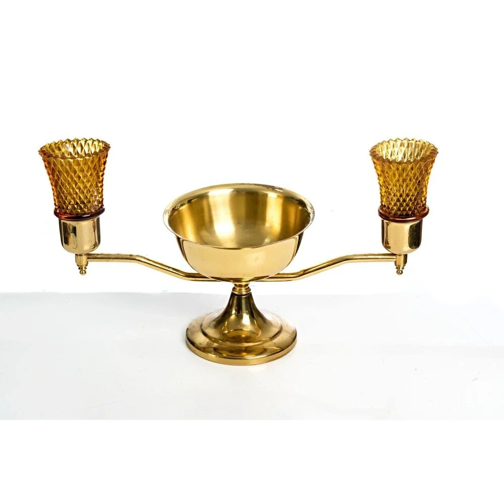 Brass Double Candle Holder with Hobnail Amber Glass Votives